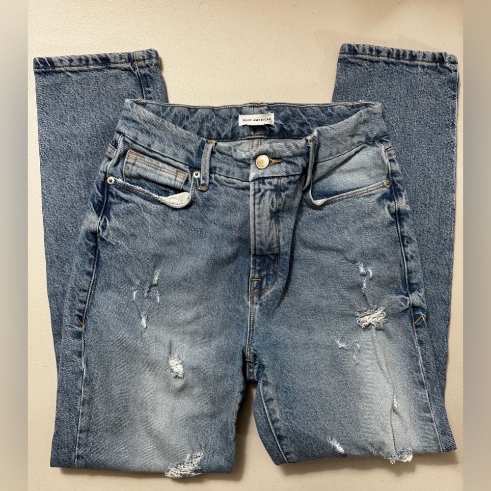 Good American Light Blue Distressed Boyfriend Jeans